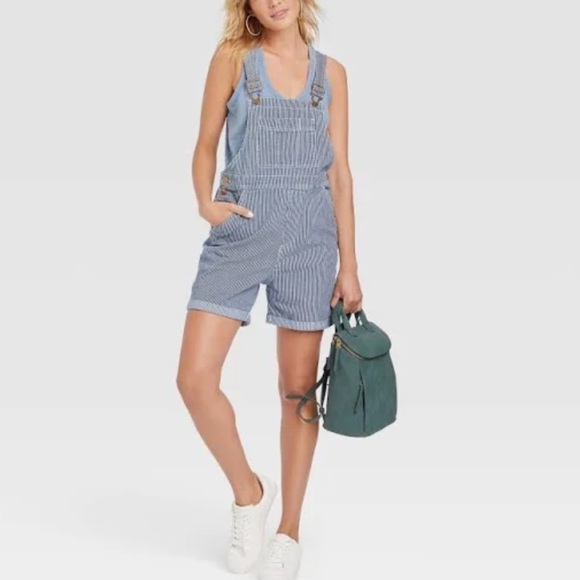 Universal Thread Pants - (L)- Universal Thread Women's Railroad Striped Side Button Short Denim Overalls